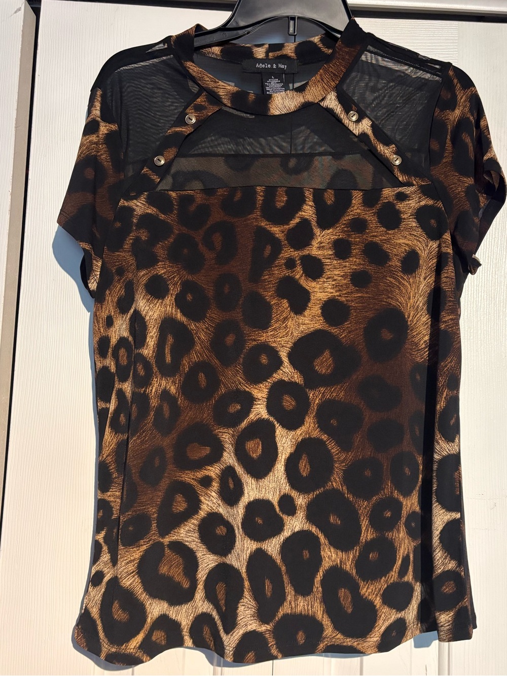 Adele & May Brown Leopard Mesh Yoke Short Sleeve Top